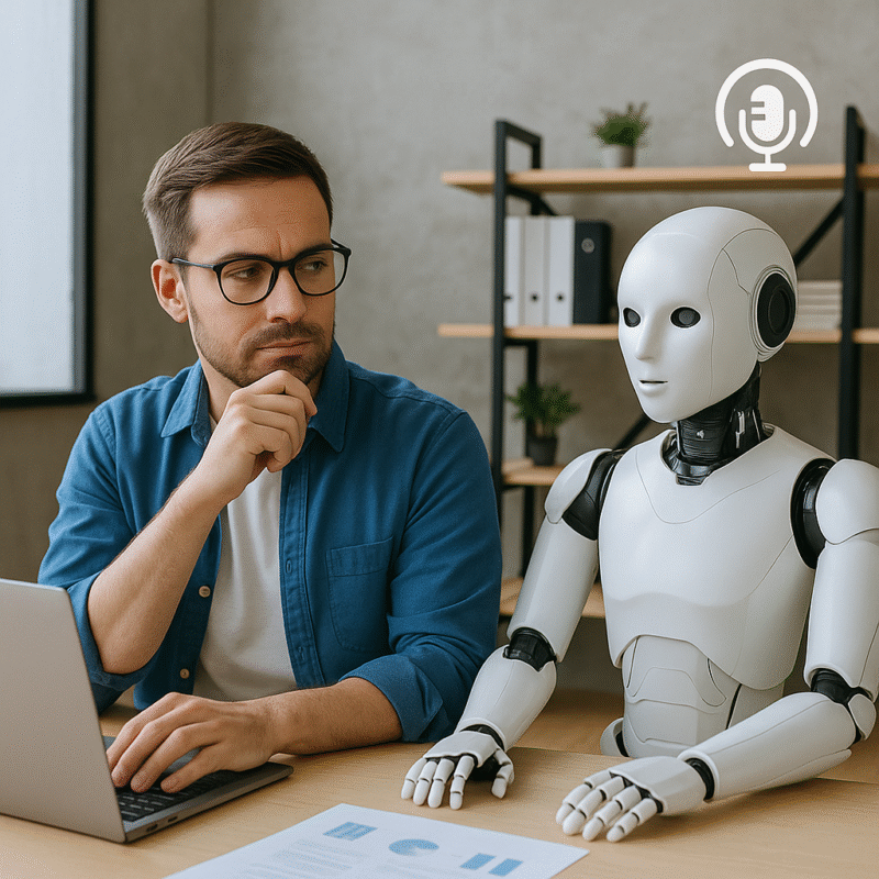 Ein Arbeiter in der Arbeitswelt 4.0 mit einem AI Robot an seiner Seite.