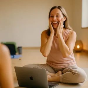 Eine Faceyogalehrerin unterrichtet voller Freude Faceyoga