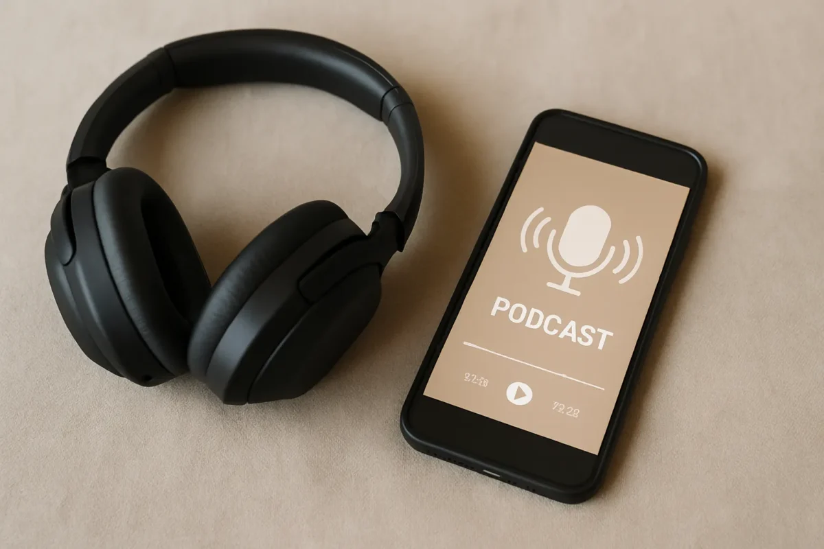 Bild von Kopfhoerern und einer Smartphone das den Podcast Abspielt